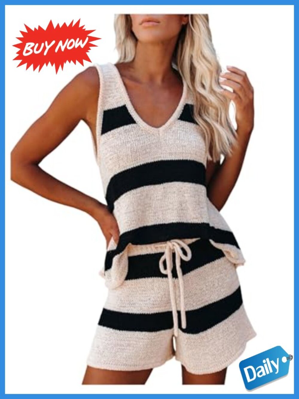 Women's 2 Piece Knit Shorts Set V Neck Sleeveless Summer Outfit
